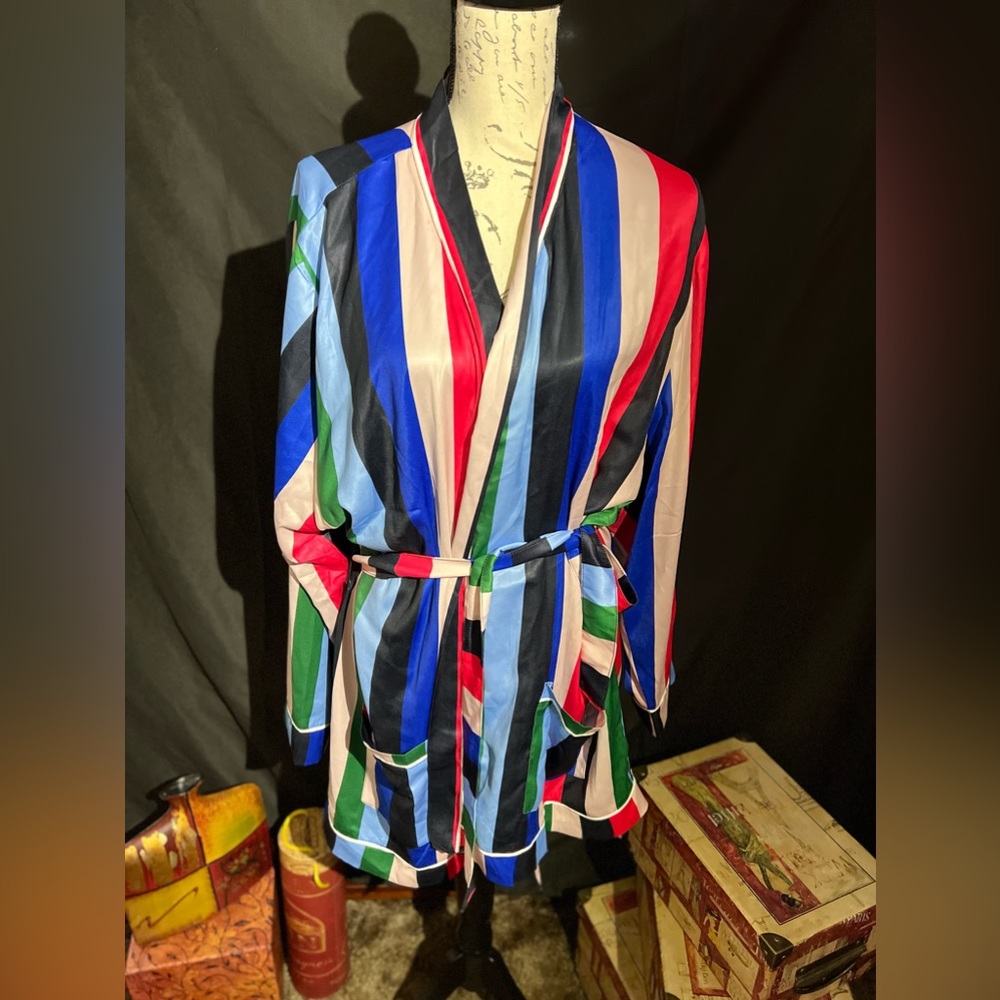 NWT Plush Apparel Rainbow Stripe Robe & Matching Eye Mask Set - Size L